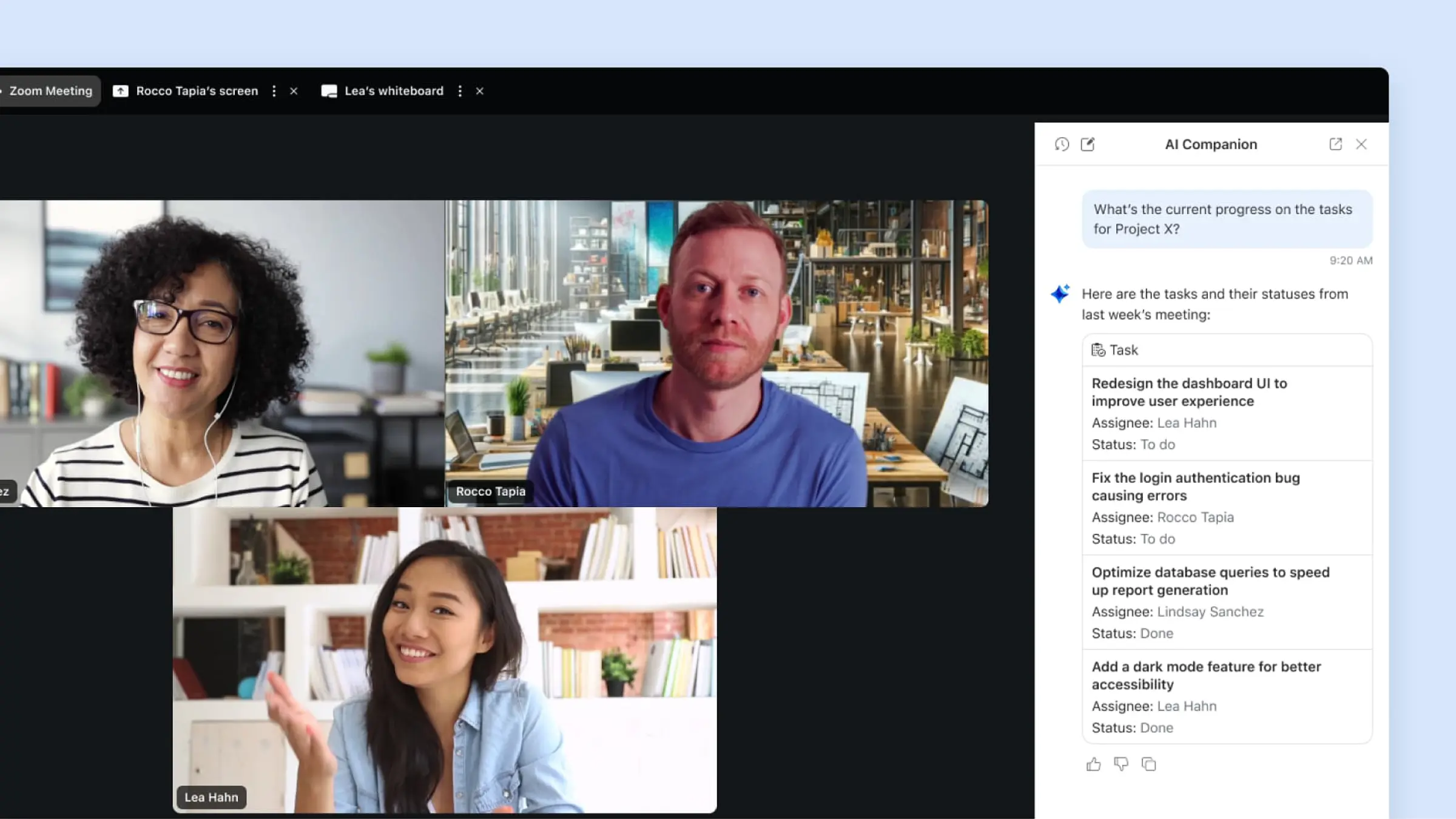 Screenshot of Zoom AI Companion and meeting summaries
