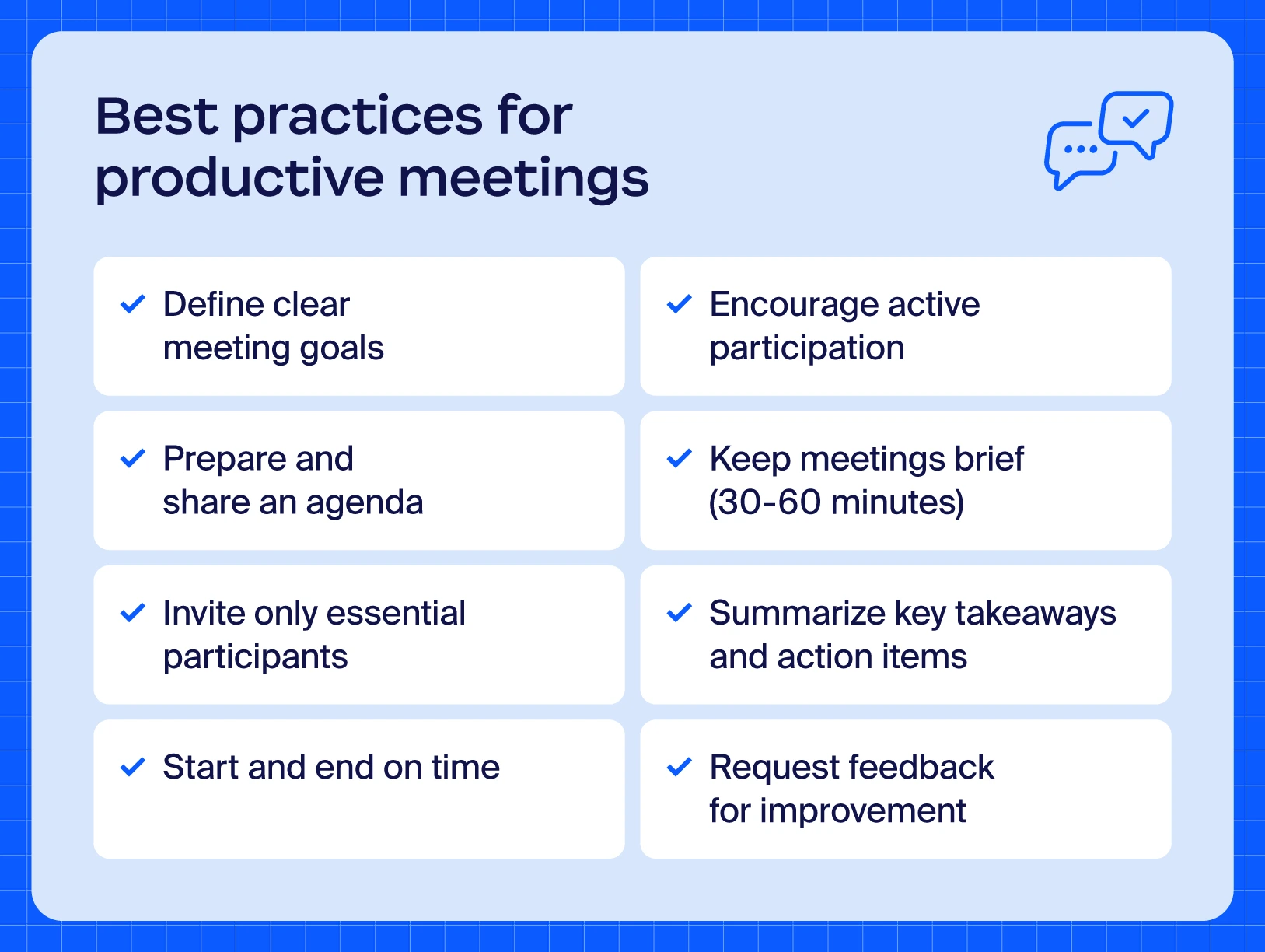 Infographic with tips to run a productive meeting displaying eight key practices in a checklist style layout.