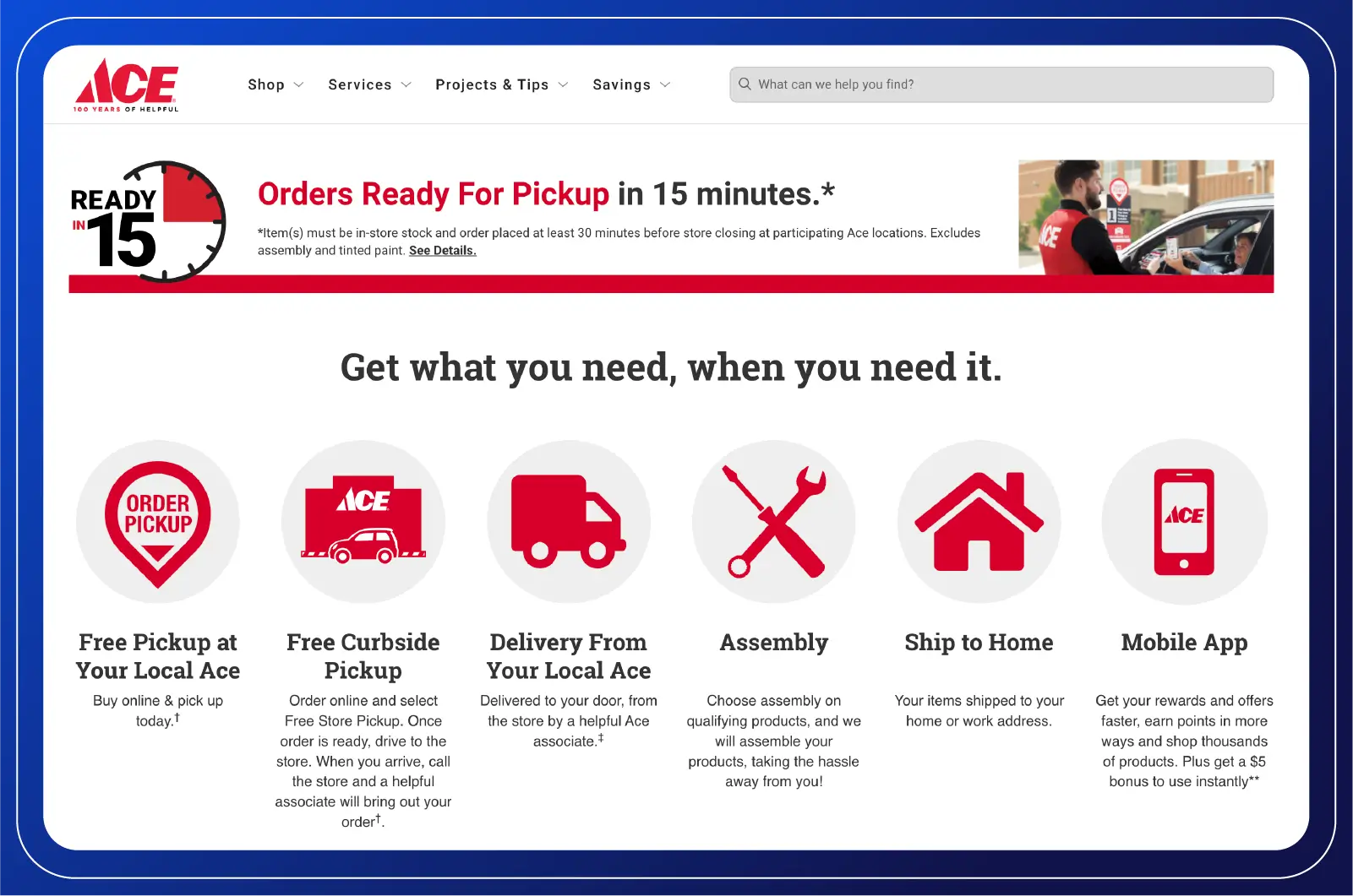 Screenshot from Ace Hardware's website, promoting services like order pickup, curbside pickup, local delivery, assembly, shipping to home, and their mobile app