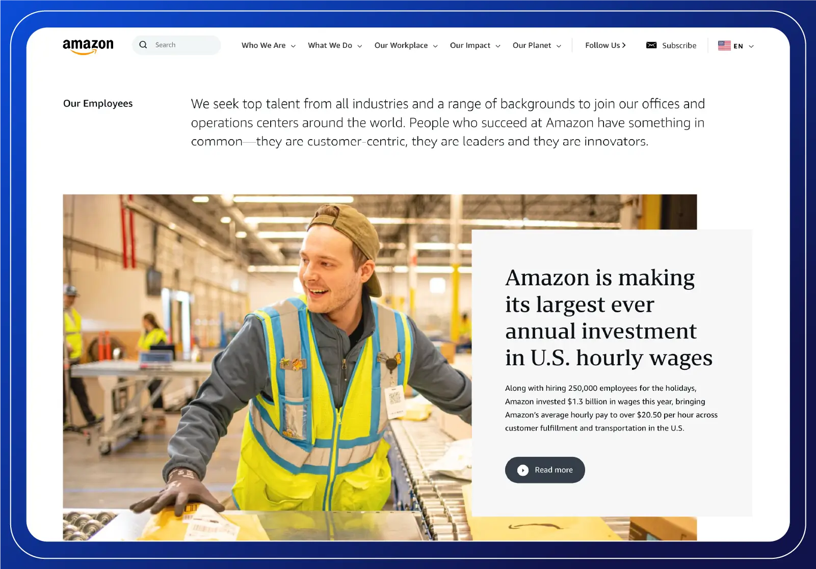 Screenshot of Amazon's website, featuring a male employee in a fulfillment center with text about Amazon's investment in U.S. hourly wages