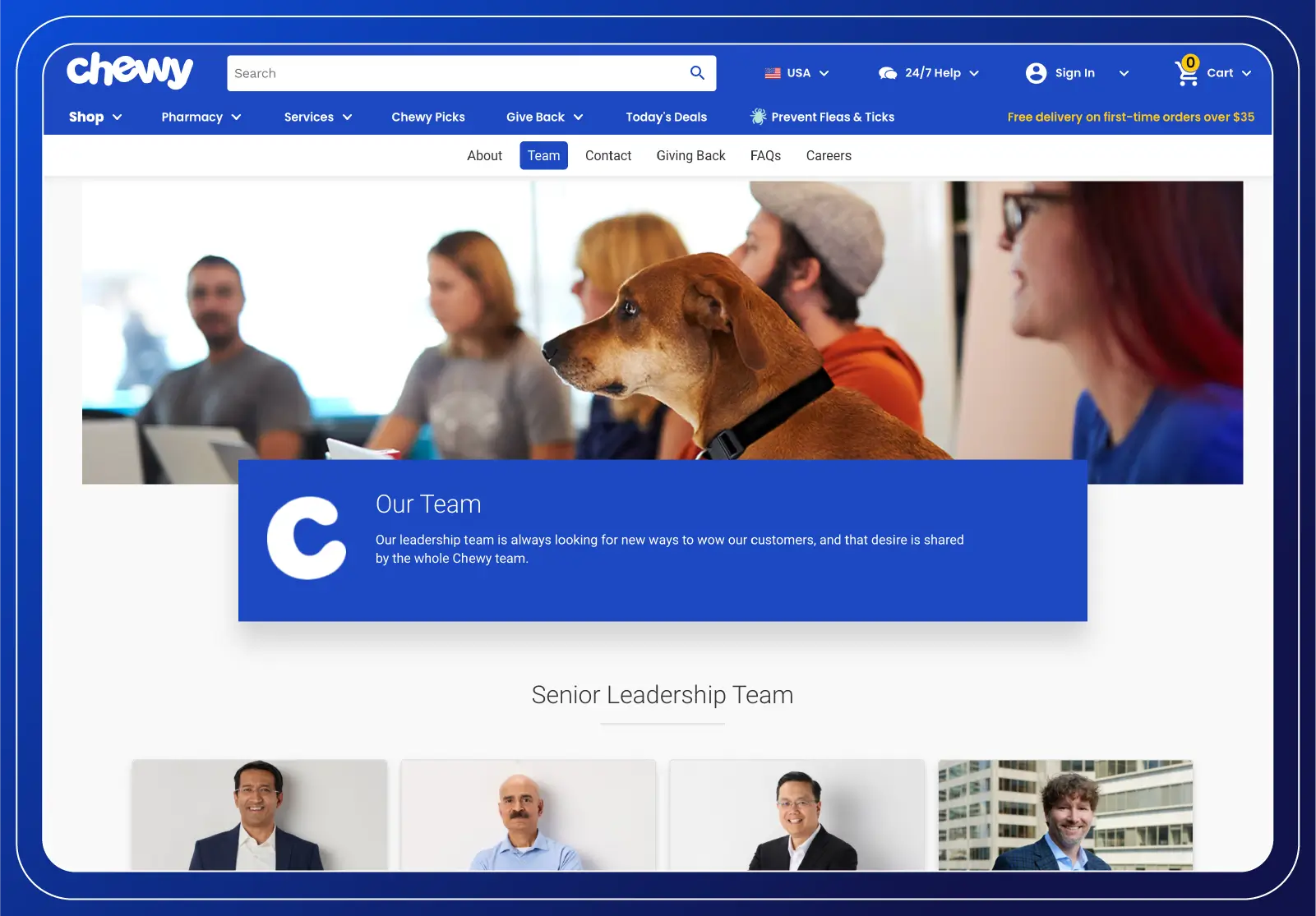 The 'Our Team' section on Chewy's website with a top navigation bar, company logo, text content, and images of the team and a dog in an office setting