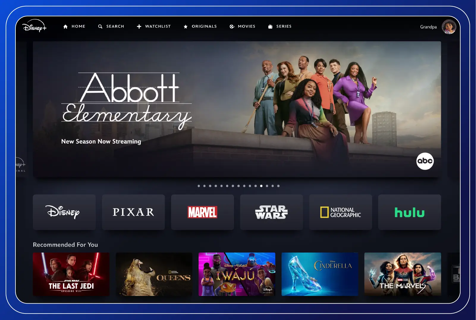 Disney+'s interface featuring the show 'Abbott Elementary' with its cast on the banner, and categories for Disney, Pixar, Marvel, Star Wars, National Geographic, and Hulu below