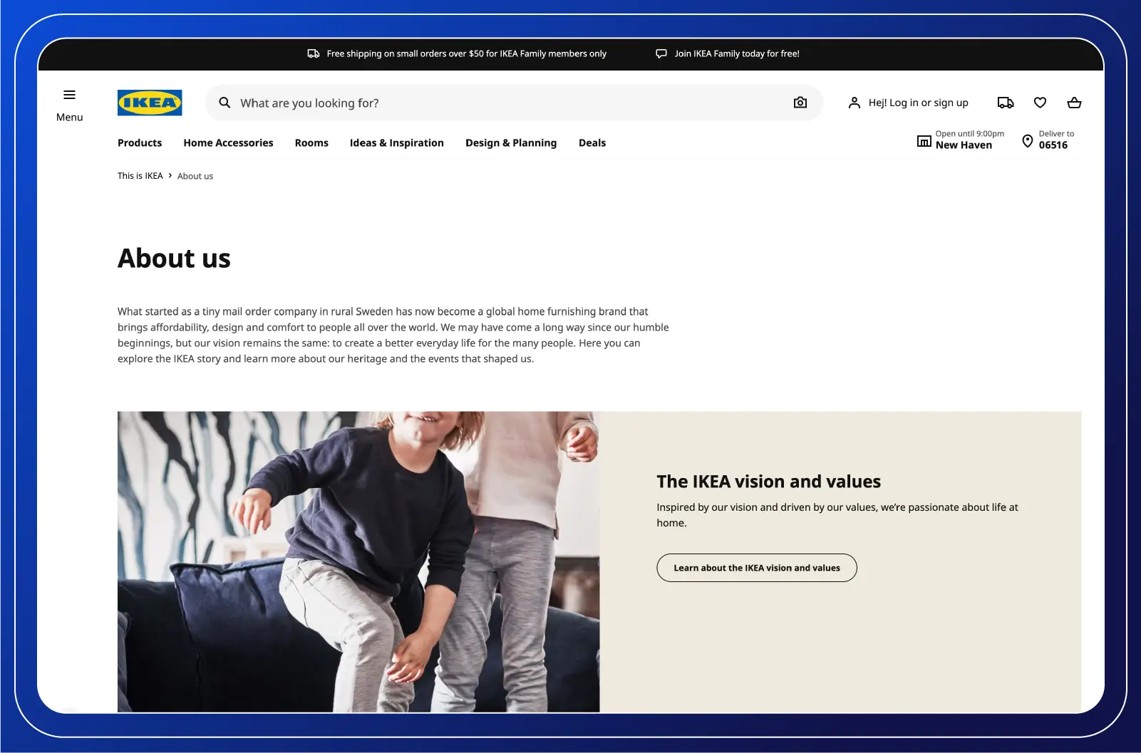 IKEA's 'About Us' webpage with navigation menu, search bar, and a photo of two children playing