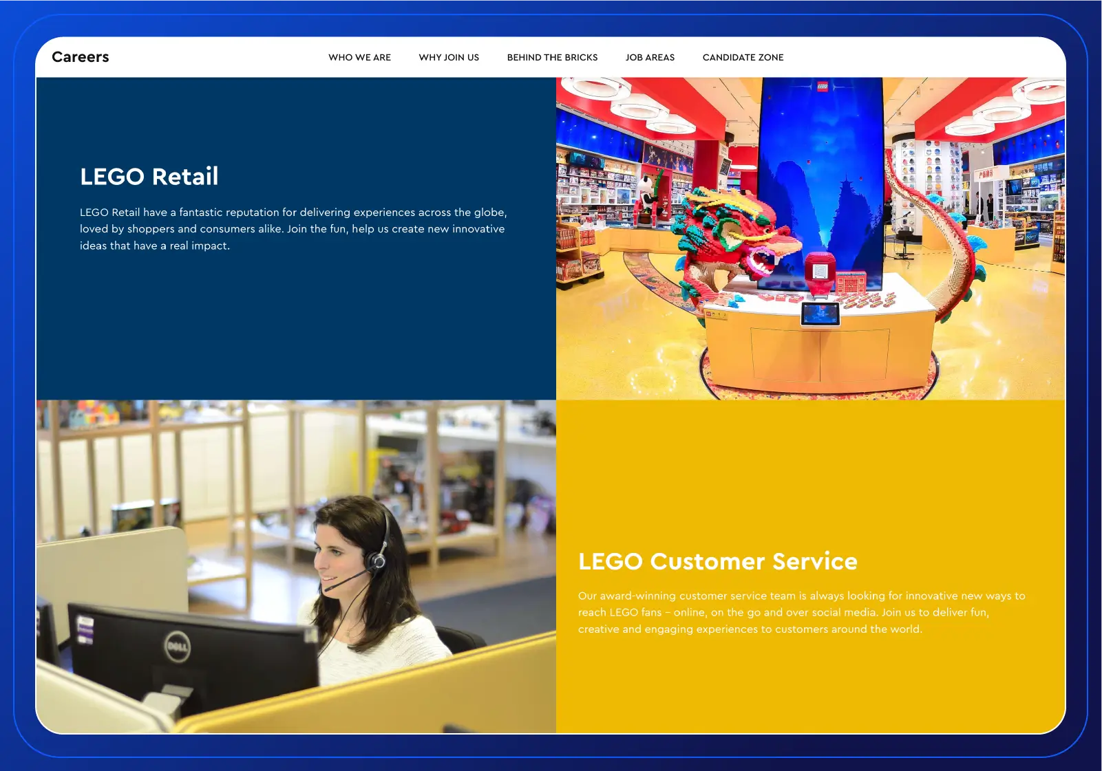 LEGO's careers webpage, with text on LEGO Retail and Customer Service, and photos of a LEGO store and a customer service representative