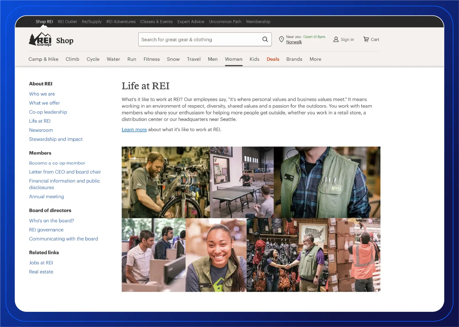 REI's 'Life at REI' webpage with text describing the company culture and photos depicting various employees at work