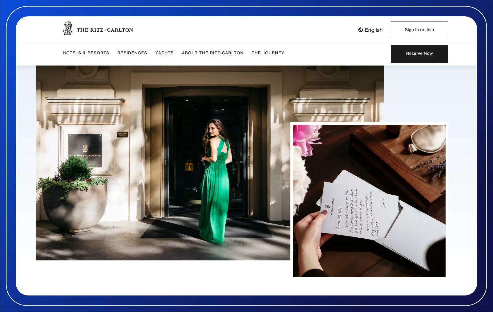 A section of the Ritz-Carlton website shows a woman entering the hotel and a close-up of a handwritten note highlighting luxury service