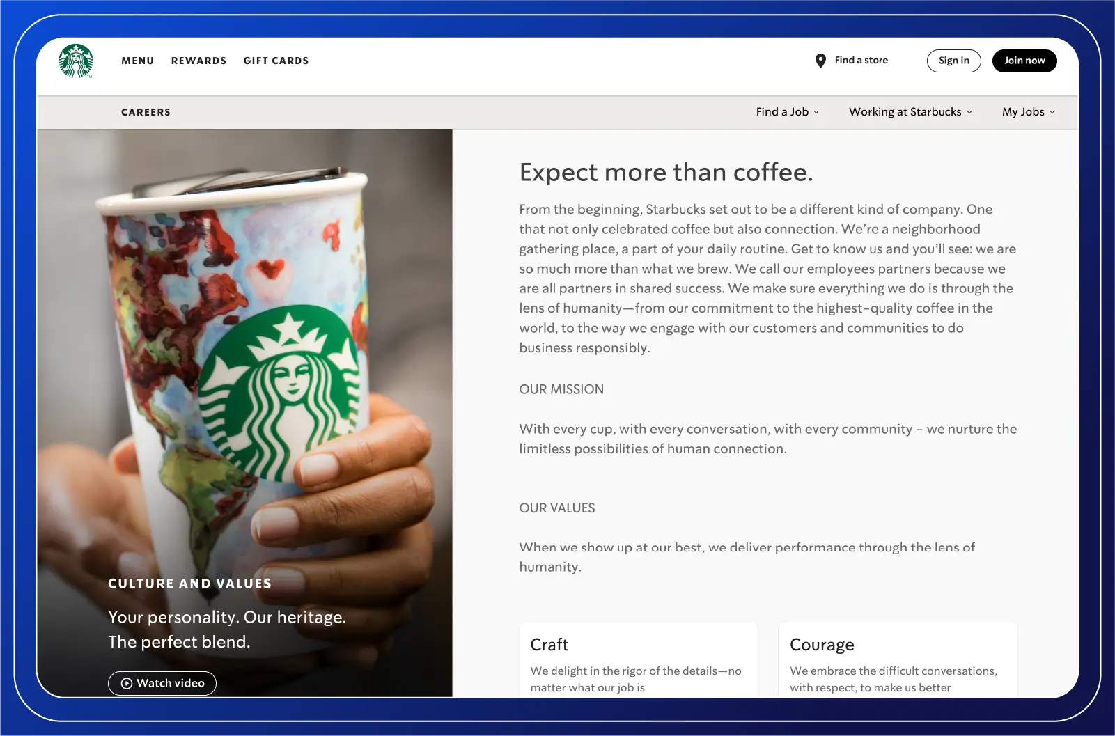 Starbucks careers page, highlighting their mission and values, with a close-up of hands holding a Starbucks cup