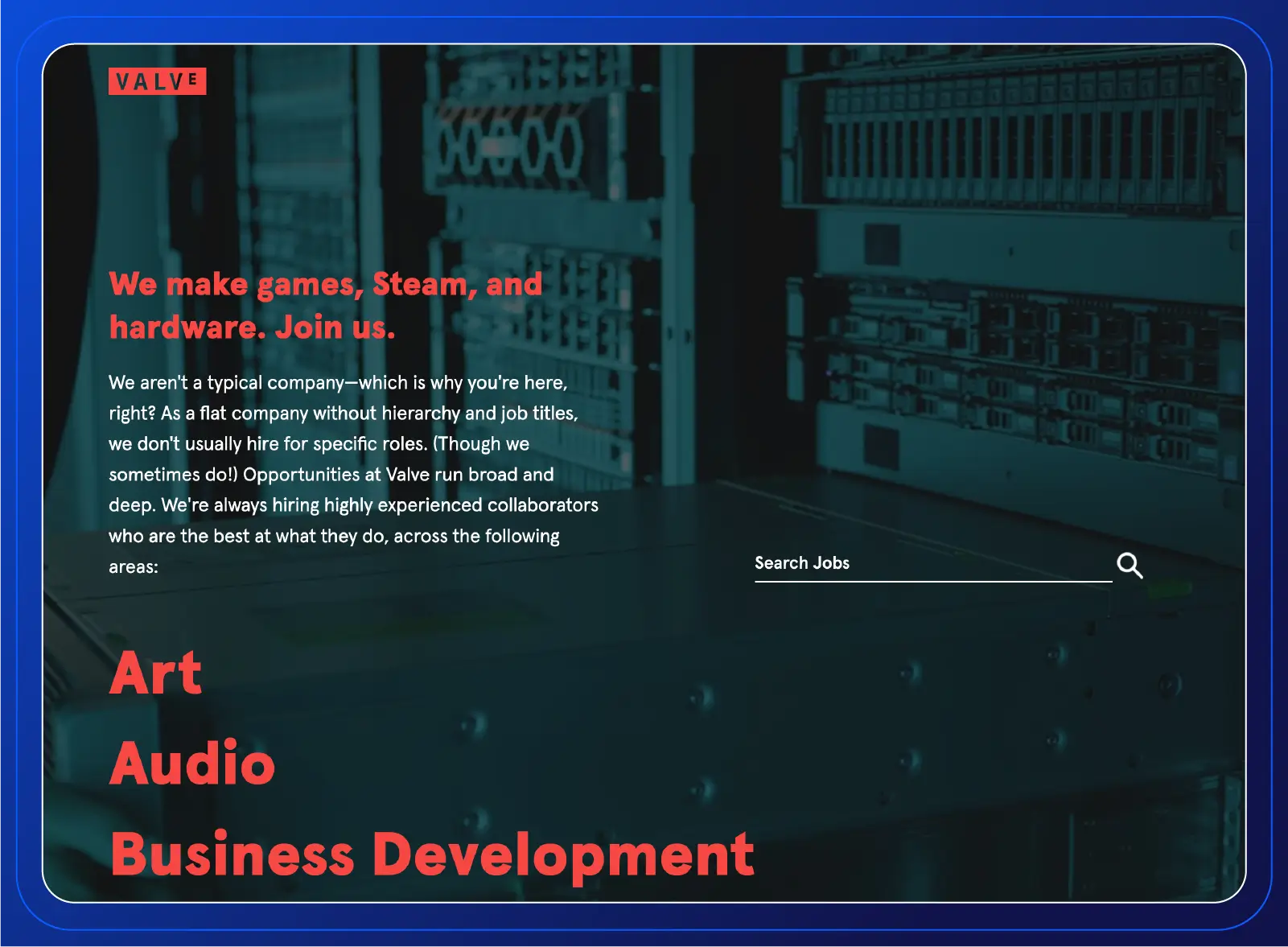 Valve's careers page with a headline stating "We make games, Steam, and hardware. Join us." and a search bar for job listings
