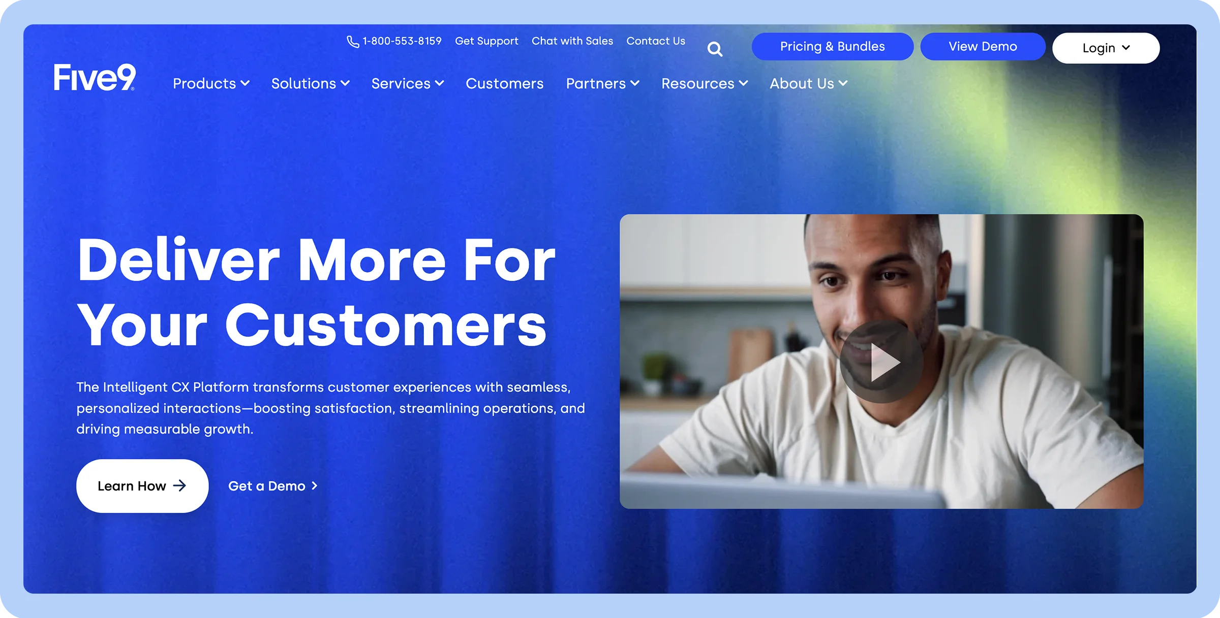 Stylized screenshot of Five9&rsquo;s homepage featuring a man in white t-shirt.