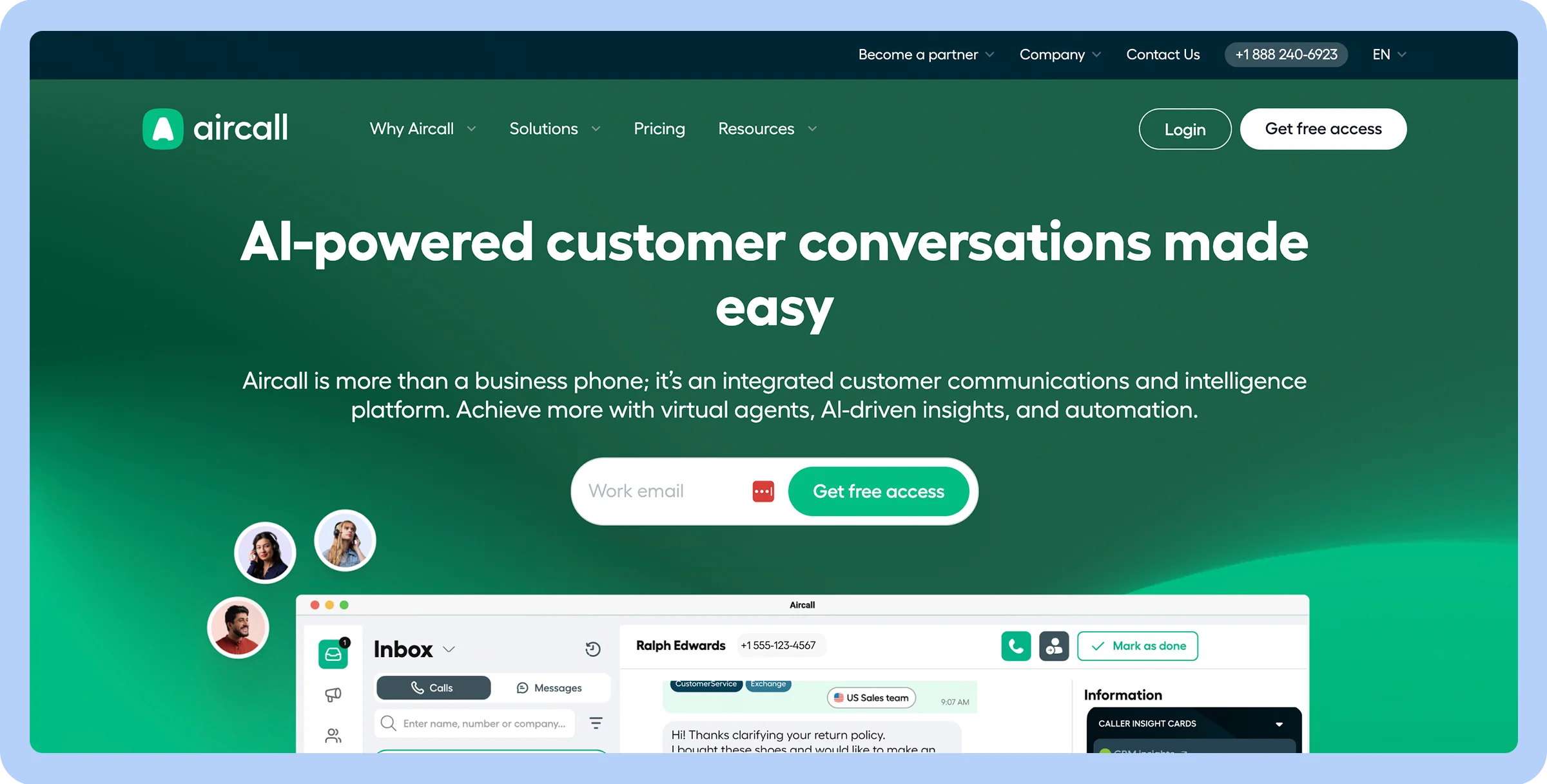Stylized screenshot of Aircall&rsquo;s homepage.