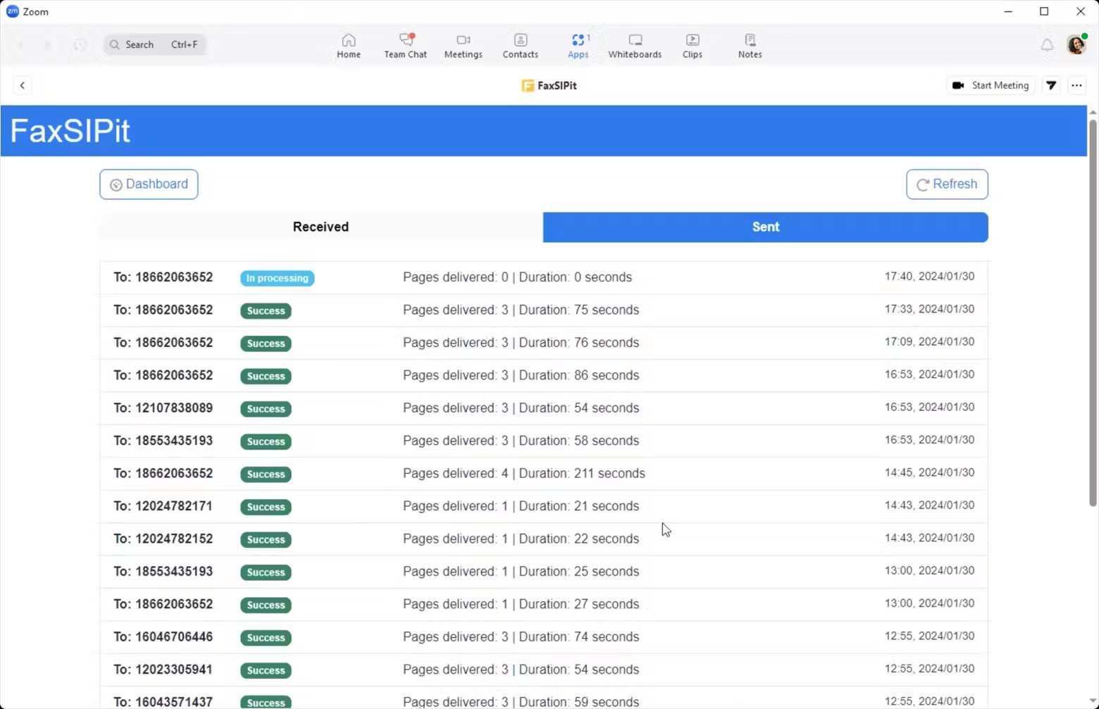 The dashboard shows the ease of viewing Received and Sent faxes, as well as the ability to view and download a fax all within Zoom.