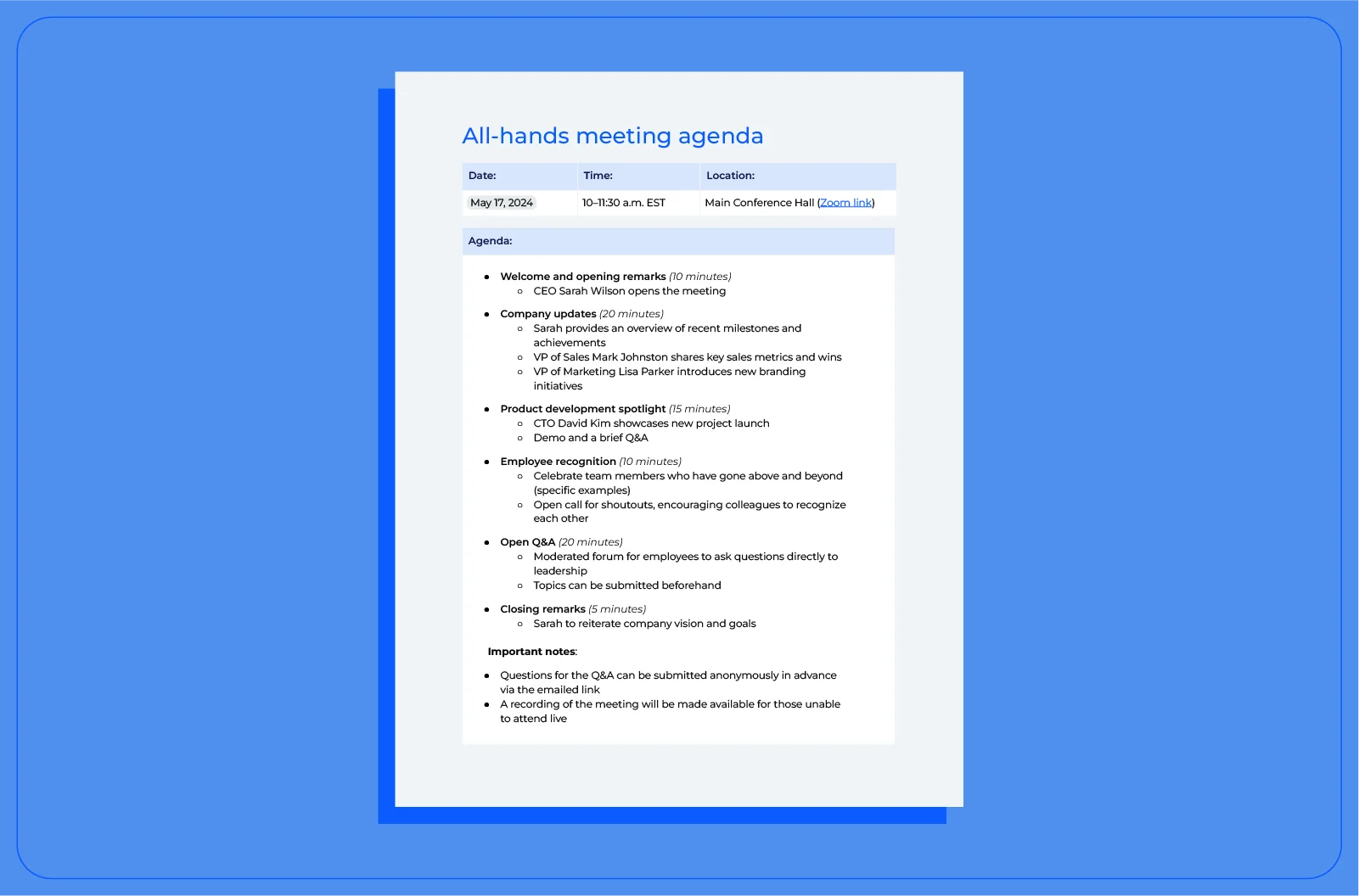 An all-hands meeting agenda template