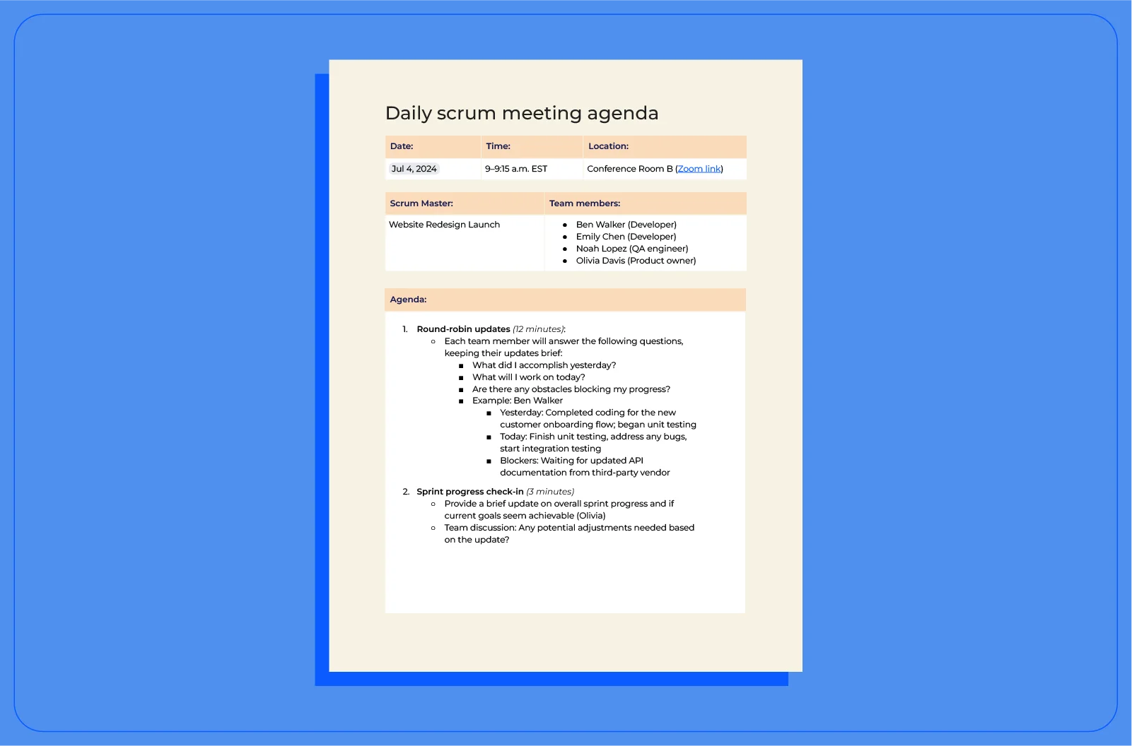 A daily scrum meeting agenda template