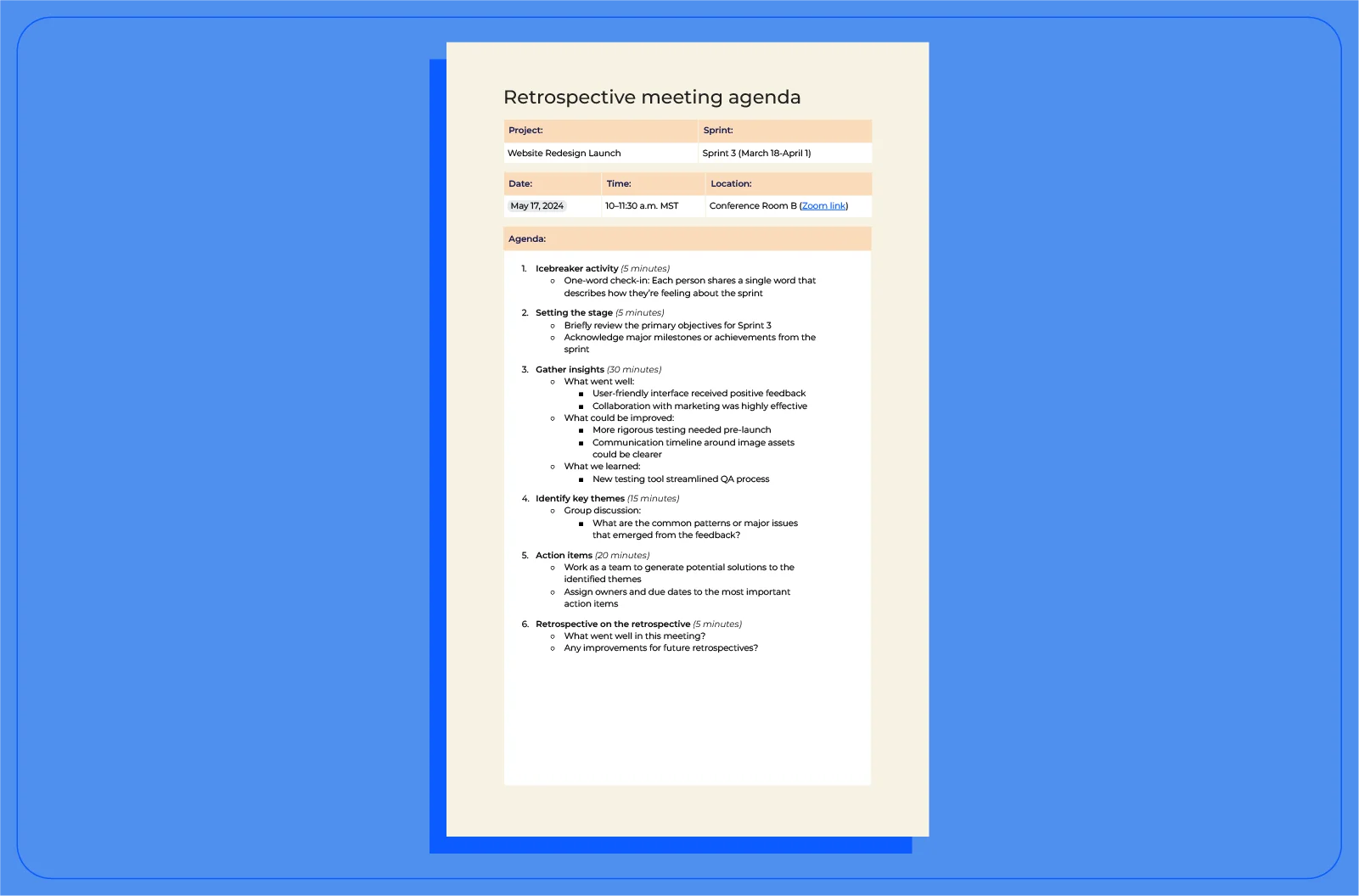 A retrospective meeting agenda template