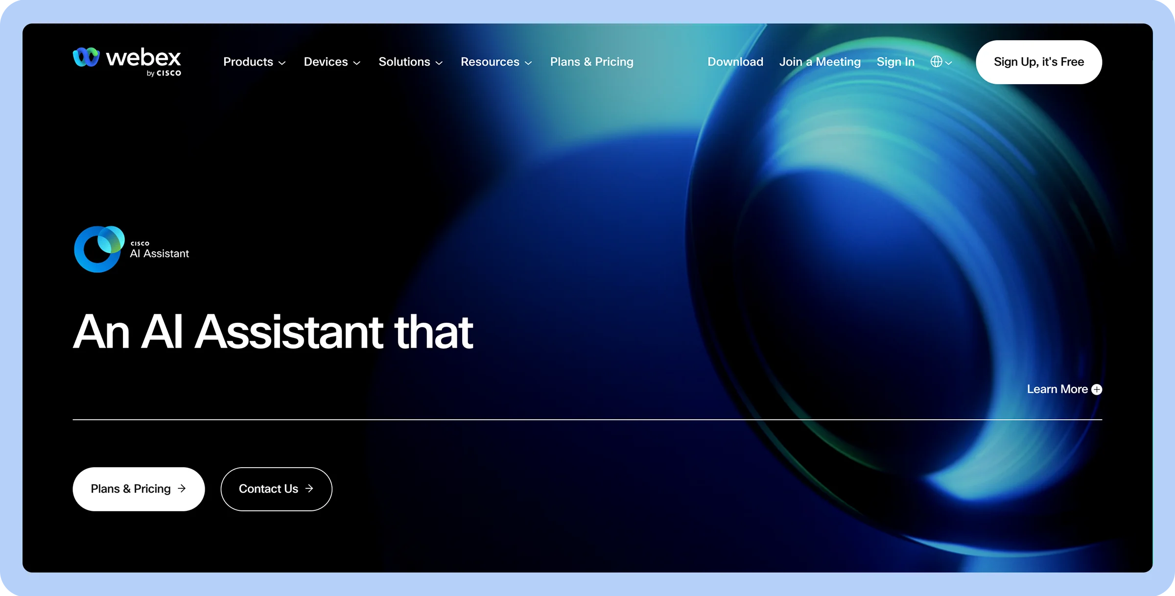 Stylized screenshot of Webex&rsquo;s homepage.