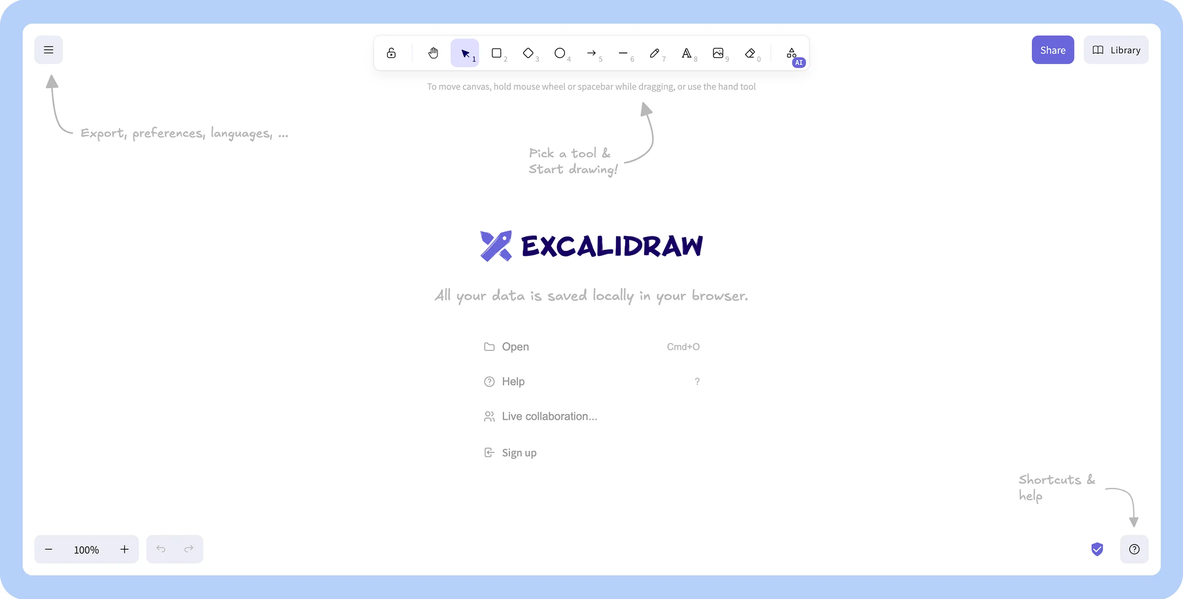 Screenshot of tips within the Excalidraw interface.