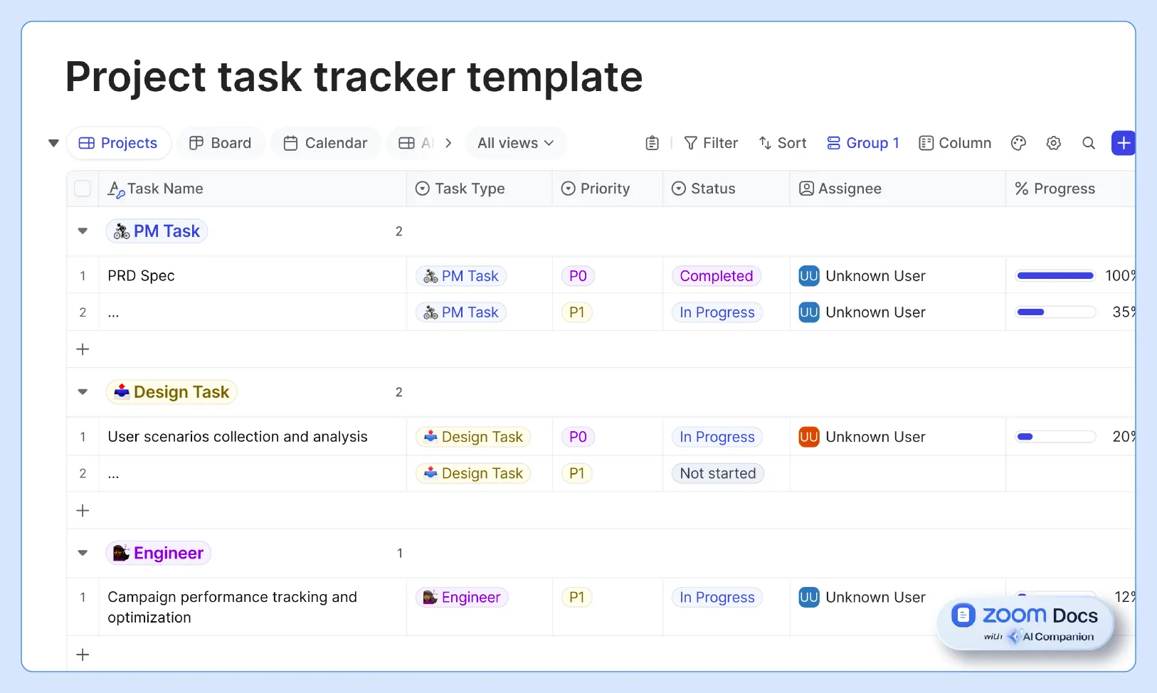 Screenshot of Zoom Docs' project task tracker template