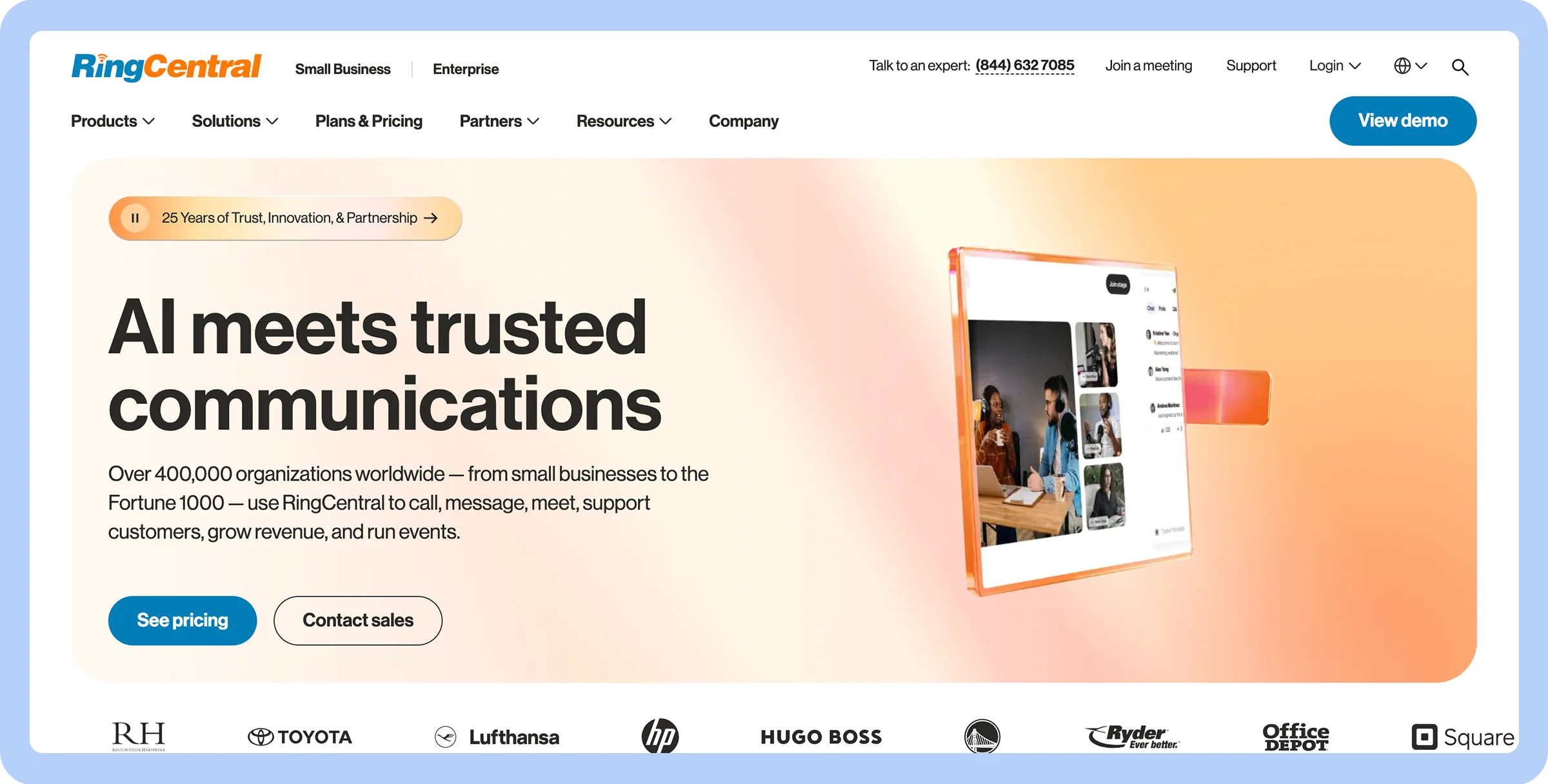 Stylized screenshot of RingCentral&rsquo;s homepage.