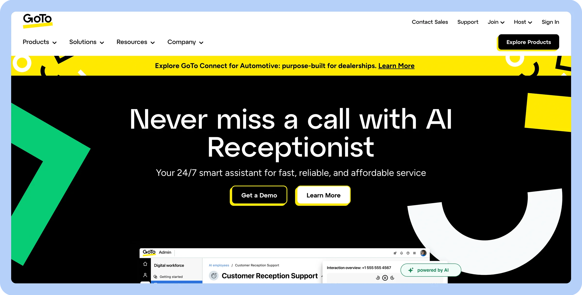 Stylized screenshot of GoTO Connect&rsquo;s homepage.