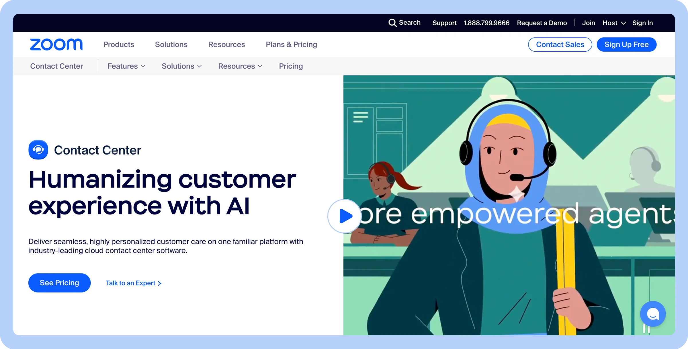 Stylized screenshot of Zoom&rsquo;s homepage showing animated woman with headphones on.