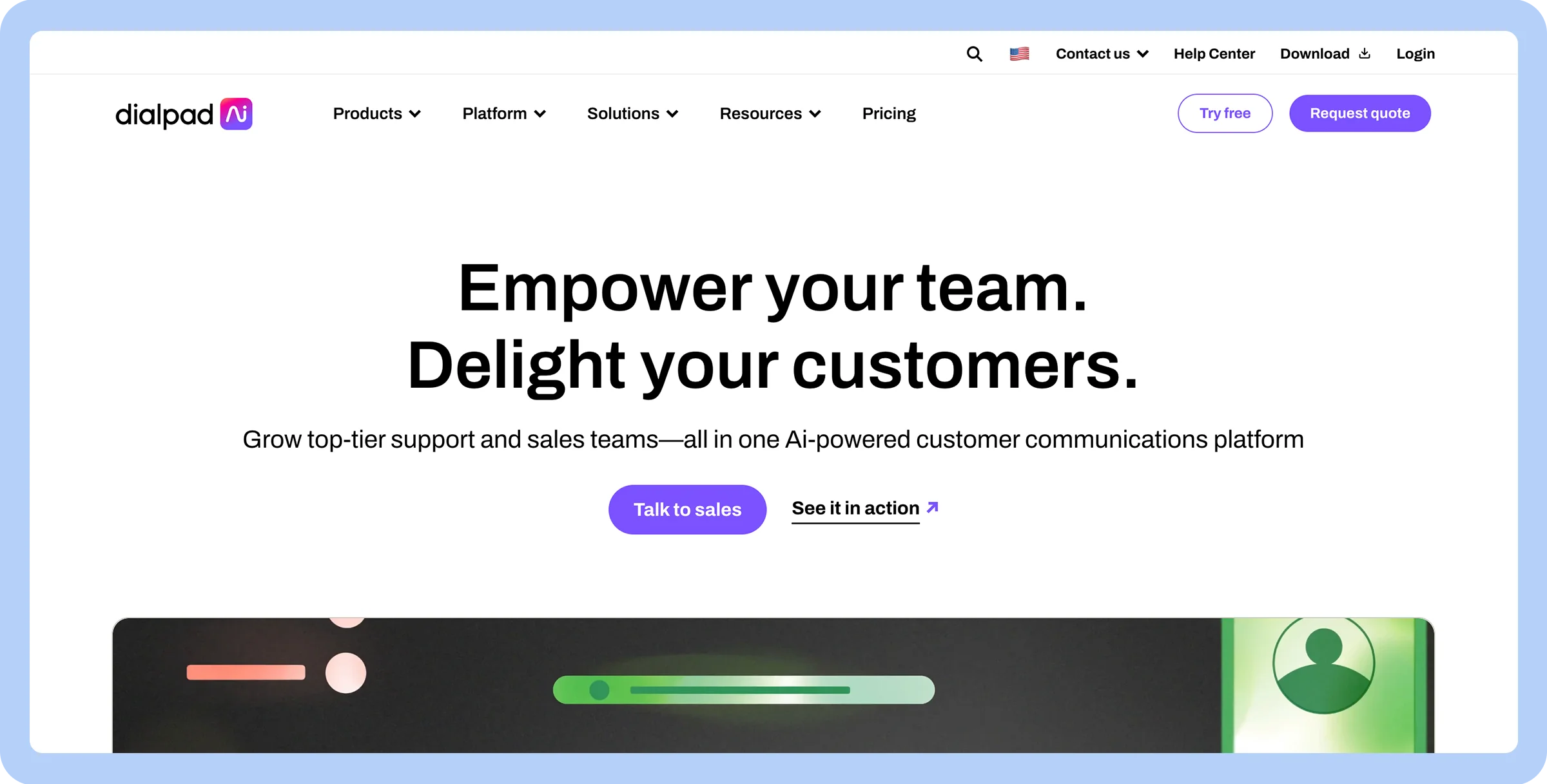 Stylized screenshot of Dialpad&rsquo;s homepage.
