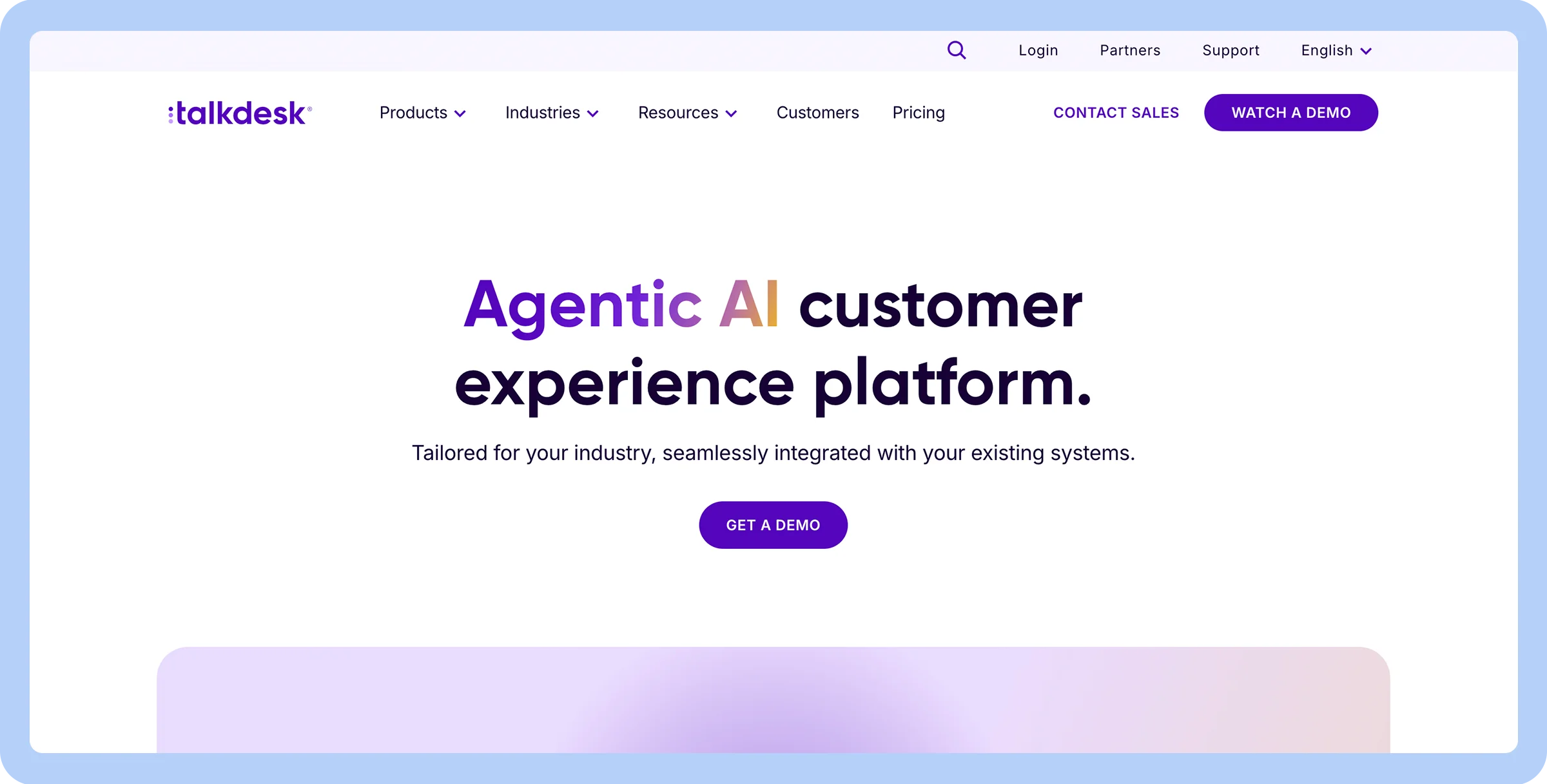 Stylized screenshot of Talkdesk&rsquo;s home page.