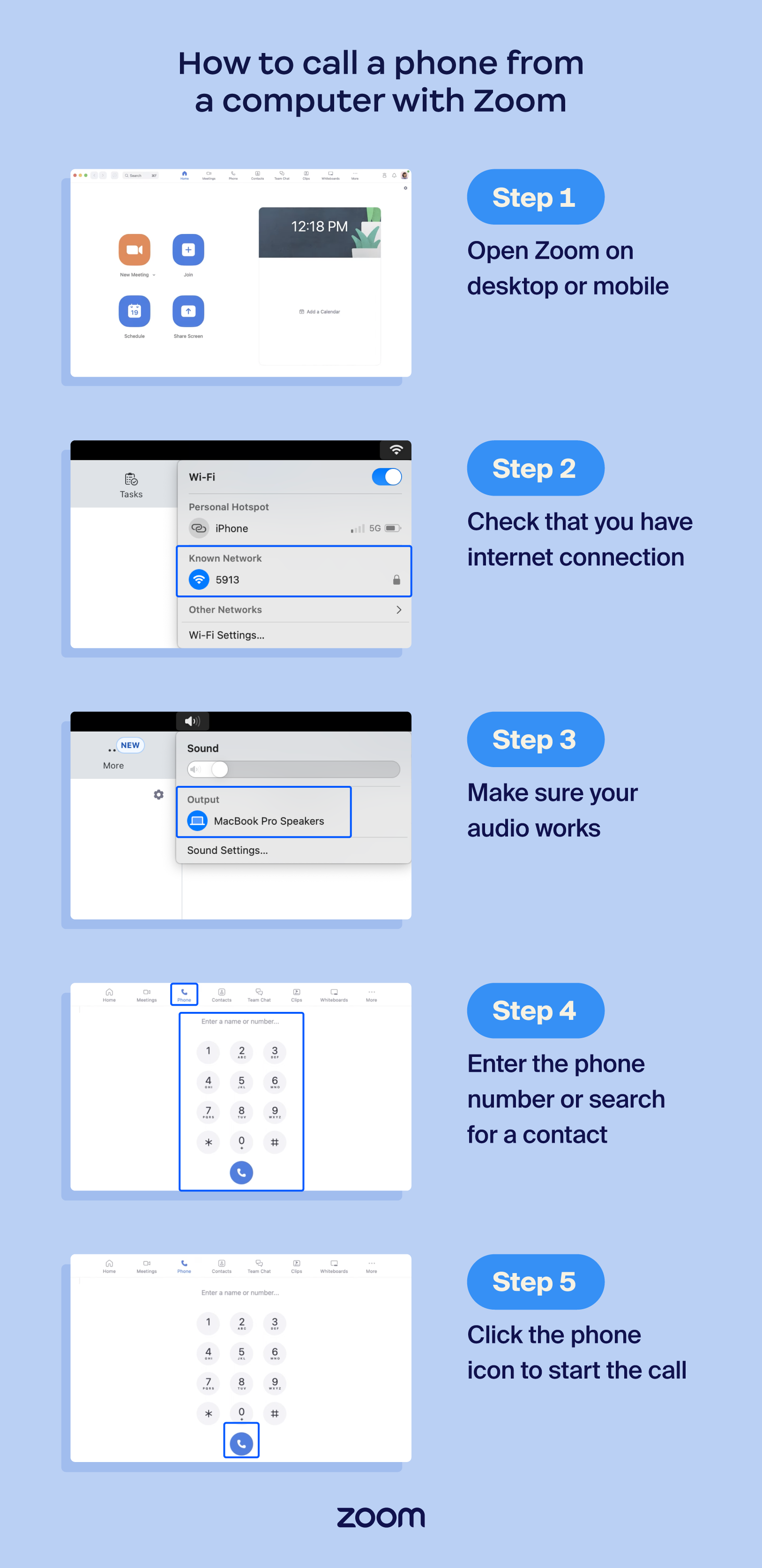 screenshots of steps to call a phone from a computer