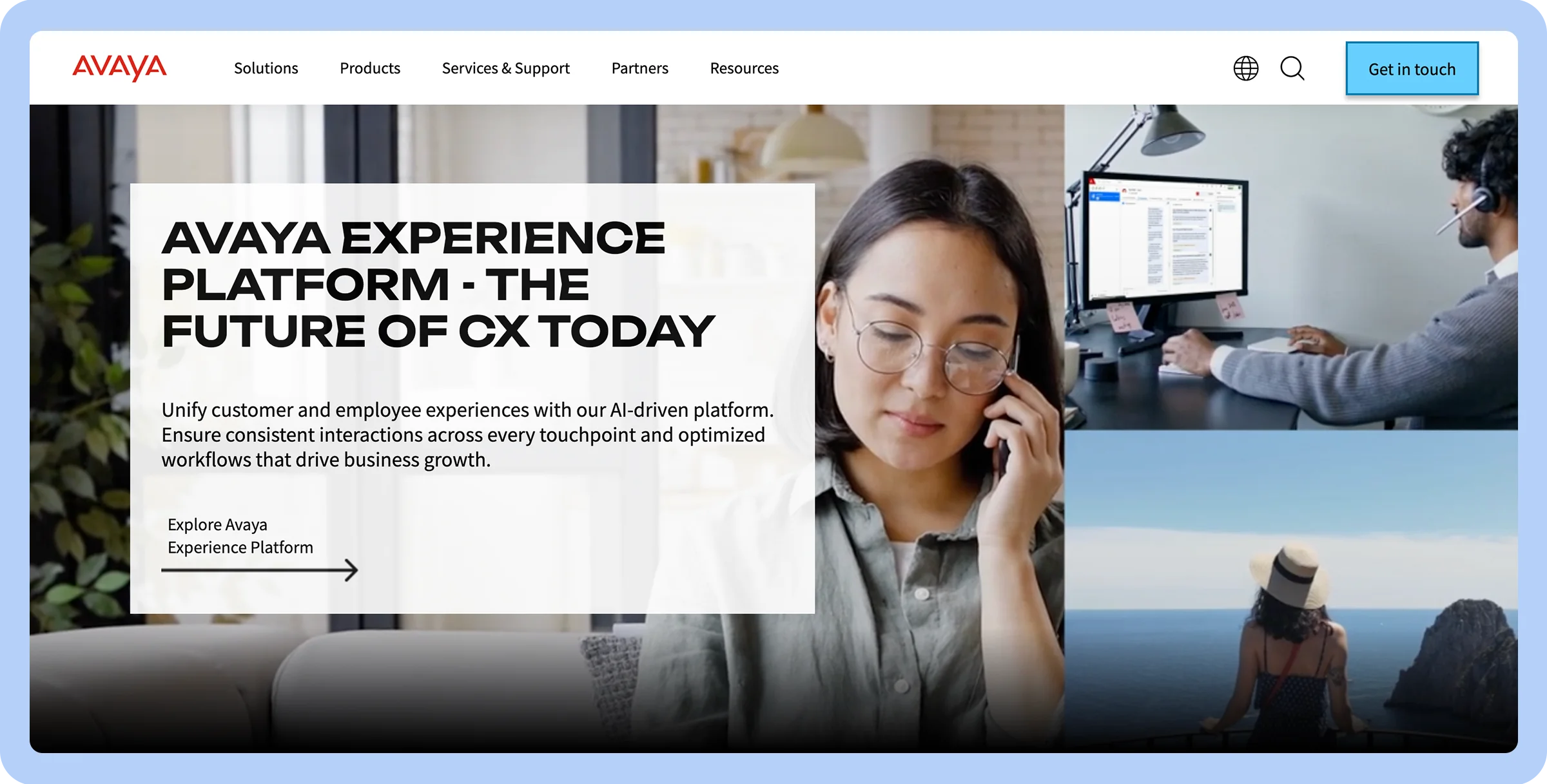 Stylized screenshot of Avaya&rsquo;s homepage featuring a woman with glasses talking to someone on the phone.