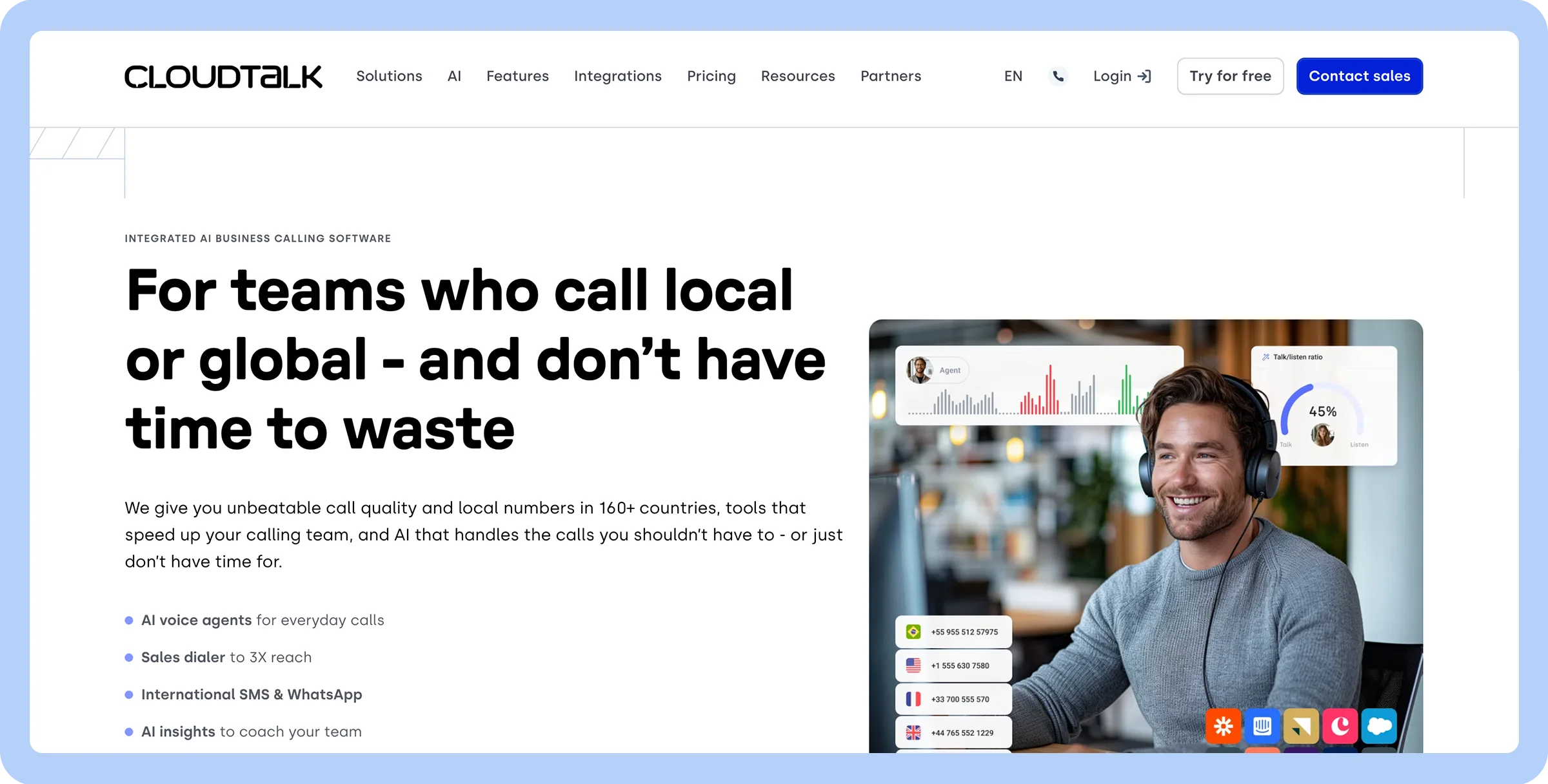 Stylized screenshot of CloudTalk&rsquo;s homepage featuring a man in a grey long sleeve T-shirt.
