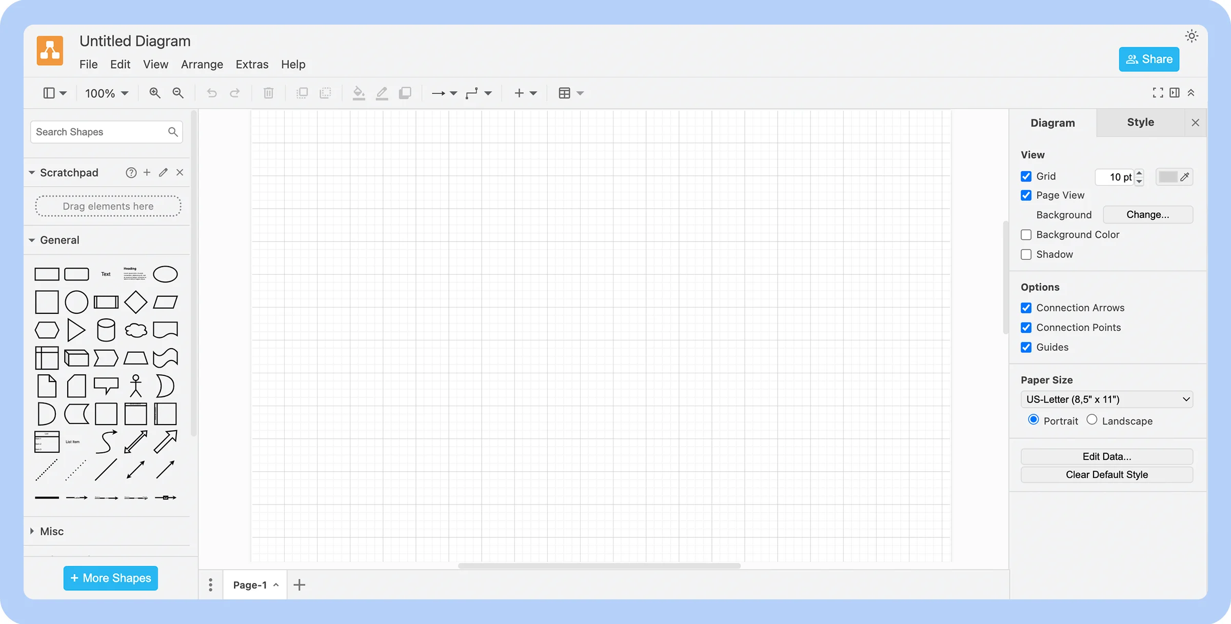Screenshot of a new diagram screen in Draw.io.
